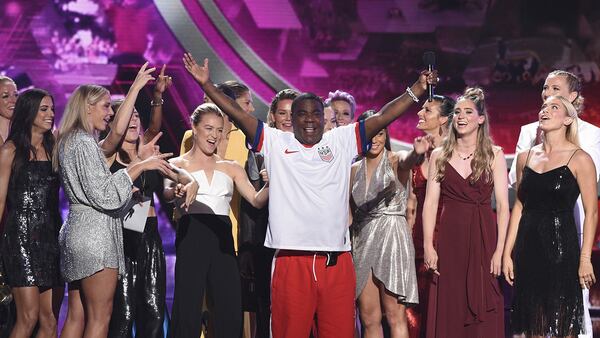 Host Tracy Morgan and members of the U.S. women's national soccer team, winners of the award for best team, appear on stage at the conclusion of the ESPY Awards on Wednesday, July 10, 2019, at the Microsoft Theater in Los Angeles.