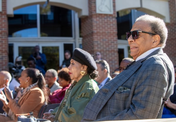 Former Mayor Andrew Young is celebrated at a ceremony unveiling a new MARTA bus featuring him and his civil rights legacy at the Ray Charles Performing Arts Center at Morehouse College on Friday, November 15, 2024.  (Jenni Girtman for The Atlanta Journal-Constitution)