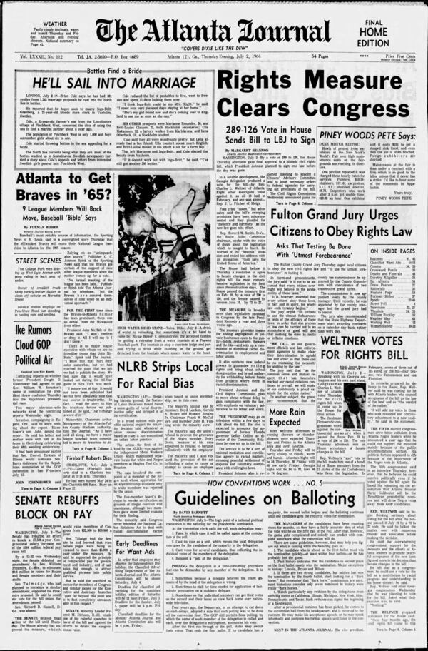 The Atlanta Journal front page on July 2, 1964.