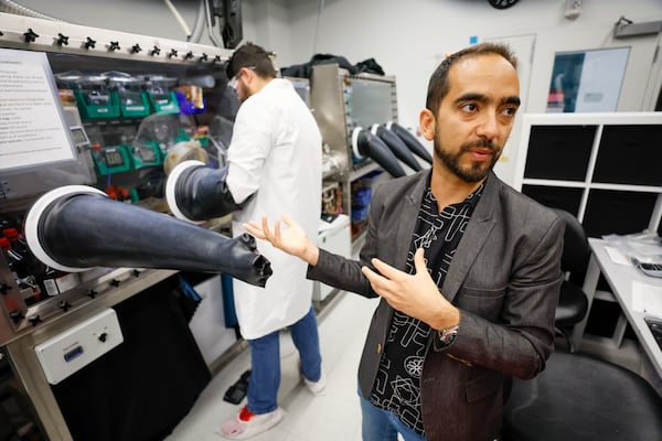 Juan-Pablo Correa-Baena, an associate professor at Georgia Tech, outlines the process for producing perovskite solar chips at a laboratory inside the Pettit Microelectronics Building at Georgia Tech on Wednesday, March 12, 2025. (Miguel Martinez/AJC)