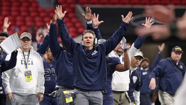  December 8, 2017 - Atlanta, Ga: Eagle's Landing Christian head coach Jonathan Gess reacts to a touchdown in the first half during their game agianst Athens Academy in the Class A Private Championship at Mercedes-Benz Stadium Friday, December 8, 2017, in Atlanta. PHOTO / JASON GETZ