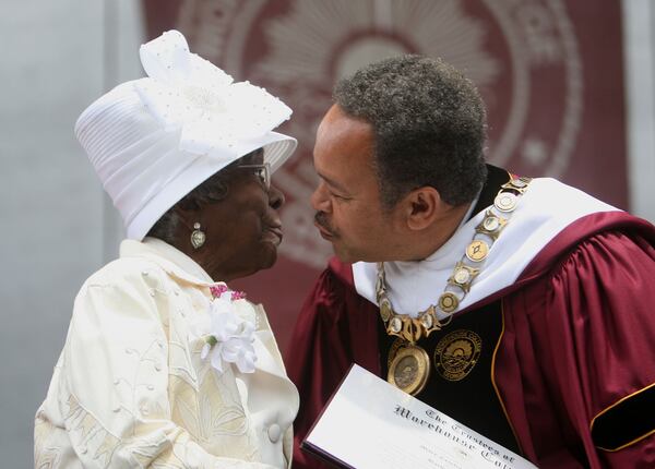 Mary Robinson Spivey, a 1933 graduate, receives her replacement diploma from Morehouse President Robert Franklin during the 127th Commencement ceremony at Morehouse on May 15, 2011. VINO WONG / AJC FILE PHOTO