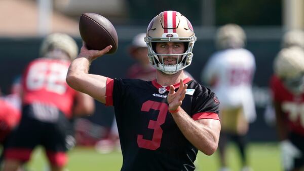 San Francisco 49ers quarterback Josh Rosen throws a pass at NFL football training camp in Santa Clara, Calif., Thursday, July 29, 2021. (AP Photo/Jeff Chiu)