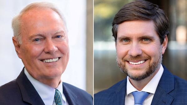 Joe Brannen (left) retired as president and CEO of the Georgia Bankers Association. His replacement is Tripp Cofield (right).