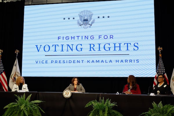 Vice President Kamala Harris speaks to voting rights activists and elected officials during a round table at the Gathering Spot in Atlanta on Tuesday, January 9, 2024, in Atlanta.U. S. Reps. Nikema Williams, D-Atlanta, (far right) and Lucy McBath, D-Marietta, (left) also joined the panel. (Miguel Martinez/miguel.martinezjimenez@ajc.com)