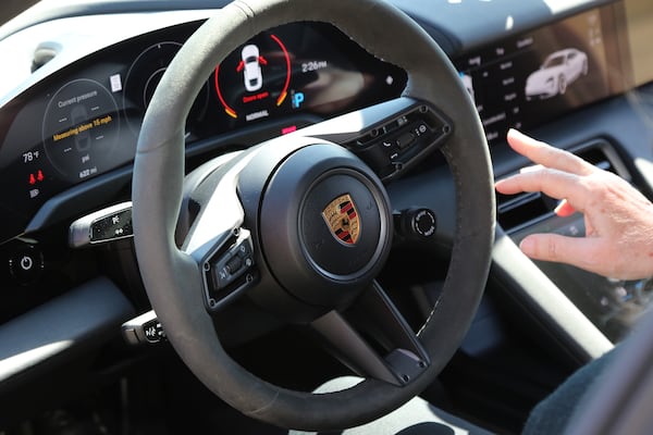 An inside look at a steering wheel at the Porche Experience Center Atlanta. (Tyson Horne / tyson.horne@ajc.com)