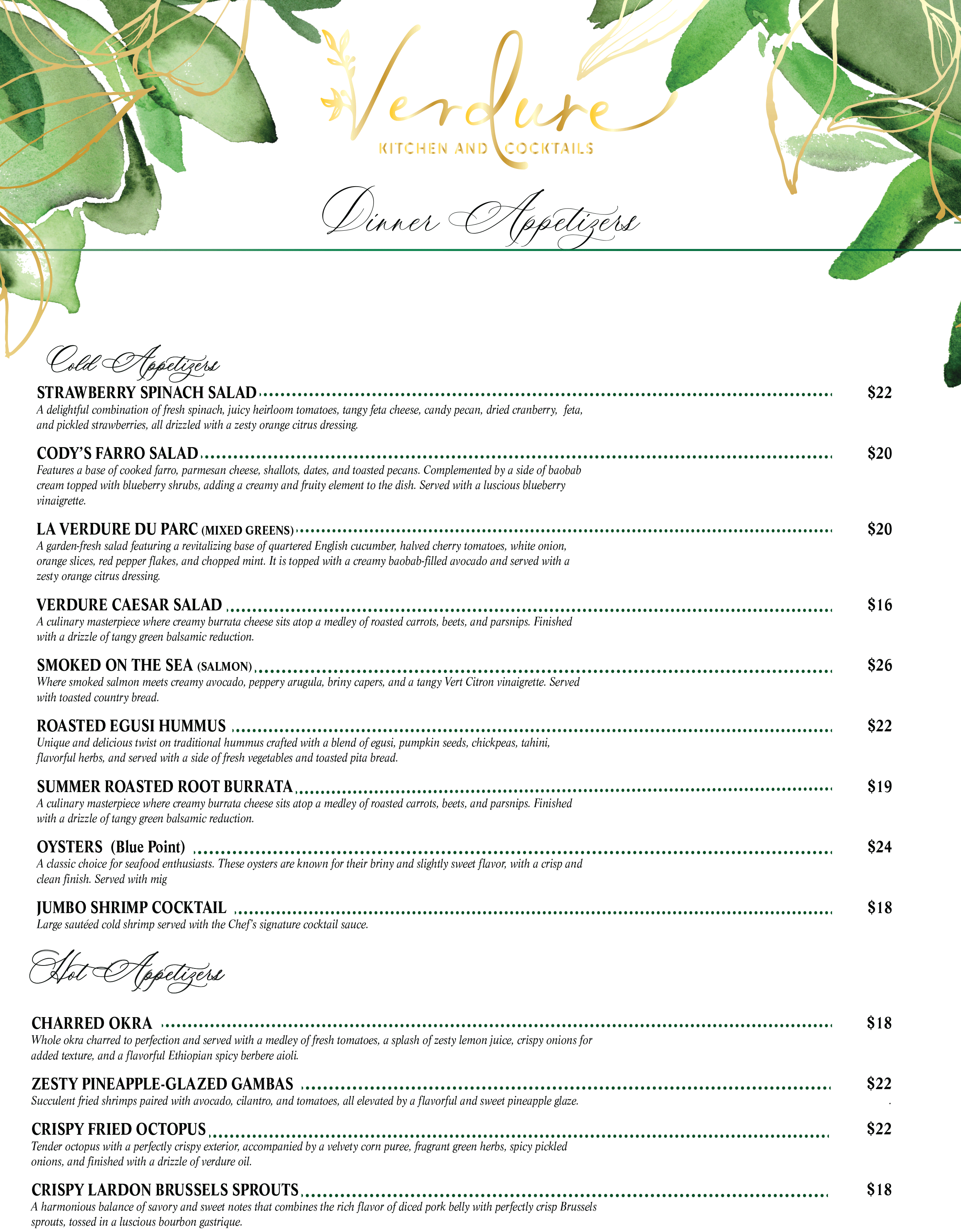 Menu for Verdure Kitchen + Cocktails