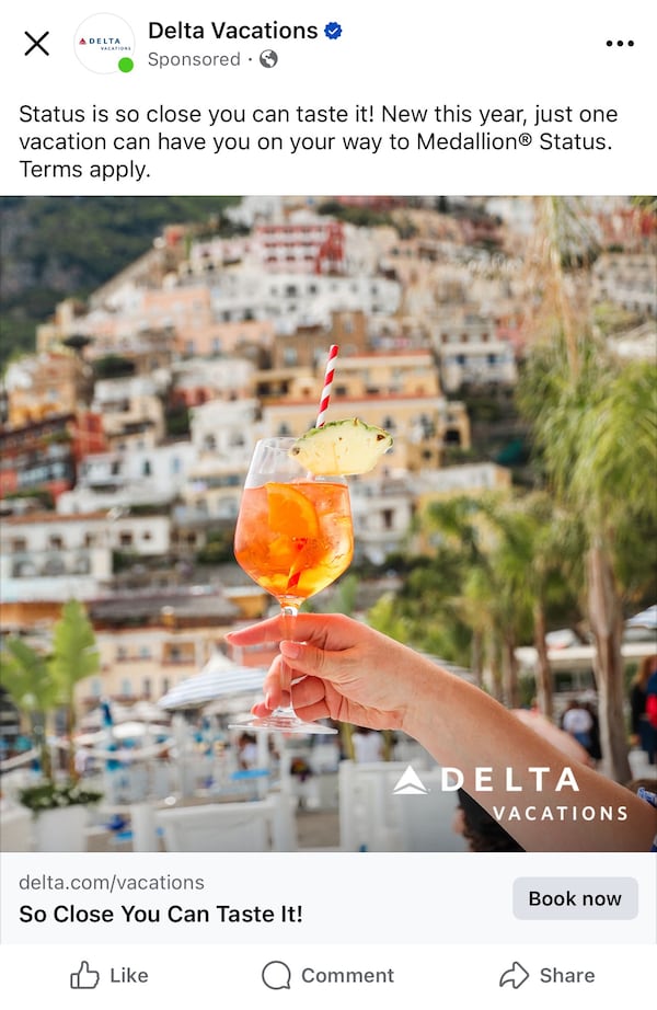 A Delta Vacations ad on Facebook.