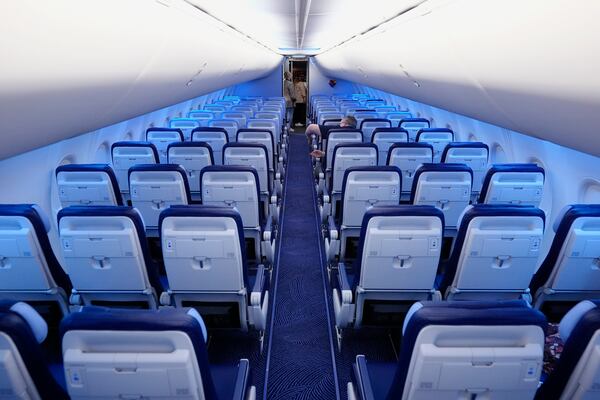 FILE - Rows of seats are shown on a retrofitted Southwest Airlines jet at Love Field, Sept. 26, 2024, in Dallas. (AP Photo/Tony Gutierrez, File)