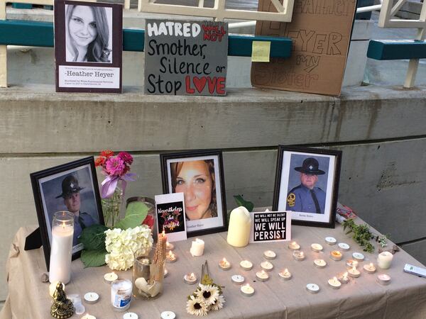 A memorial to the Charlottesville victims on the square in Decatur. (JOSHUA SHARPE/AJC)