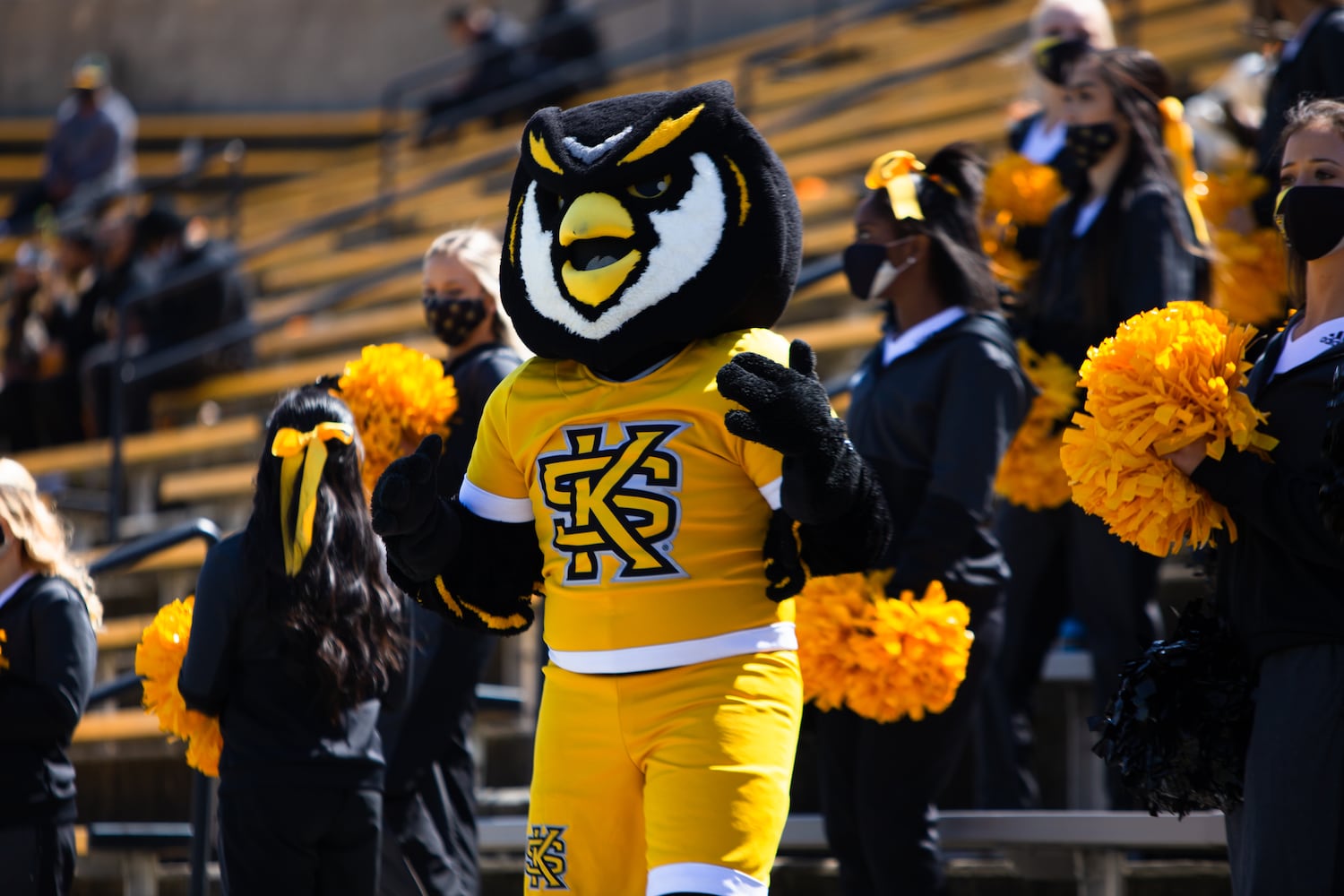 The Kennesaw State mascot dances. CHRISTINA MATACOTTA FOR THE ATLANTA JOURNAL-CONSTITUTION.