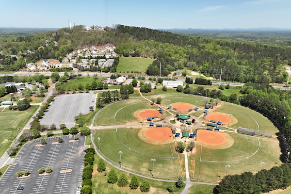 April 20, 2022 Powder Springs - Aerial photograph shows proposed area of the city of Lost Mountain in West Cobb on Wednesday, April 20, 2022. Lost Mountain Park is shown in foreground. The story plays on a fear shared by many West Cobb residents as they decide whether to incorporate the city of Lost Mountain. The county they call home is changing around them, and as conservative political power wanes in the growing Atlanta suburb, many feel helpless to protect their neighborhoods from encroaching development.(Hyosub Shin / Hyosub.Shin@ajc.com)