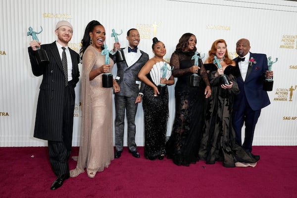 Chris Perfetti, from left, Sheryl Lee Ralph, Tyler James Williams, Quinta Brunson, Janelle James, Lisa Ann Walter, and Stanford Davis, winners of the award for outstanding performance by an ensemble in a comedy series for "Abbott Elementary," pose in the press room at the 29th annual Screen Actors Guild Awards on Sunday, Feb. 26, 2023, at the Fairmont Century Plaza in Los Angeles. (Photo by Jordan Strauss/Invision/AP)