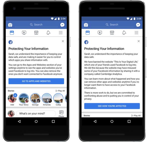 Examples of messages users will see after the Cambridge Analytica data breach.