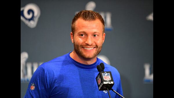 Head Coach Sean McVay of the Los Angeles Rams answers a question during Rams media availability for Super Bowl LIII at the Marriott Atlanta Buckhead on January 31, 2019 in Atlanta, Georgia. 