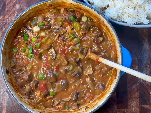 Mushroom étouffée makes a healthy, delicious dinner. We had white rice on hand while making this dish, but it's healthier to serve it with brown rice. (Kellie Hynes for The Atlanta Journal-Constitution)