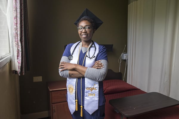 Georgia Piedmont Technical College graduating senior Crystal Wright stands for a portrait at Legacy Transitional Care & Rehabilitation in Atlanta, Friday, April 26, 2019. She was the 2018 Technical College System of Georgia student of the year. This May, Wright will get her associate’s degree in interdisciplinary studies. Following graduation, Wright plans on attending Gwinnett Technical College, where she will enter the RN to LPN bridge program. ALYSSA POINTER / ALYSSA.POINTER@AJC.COM