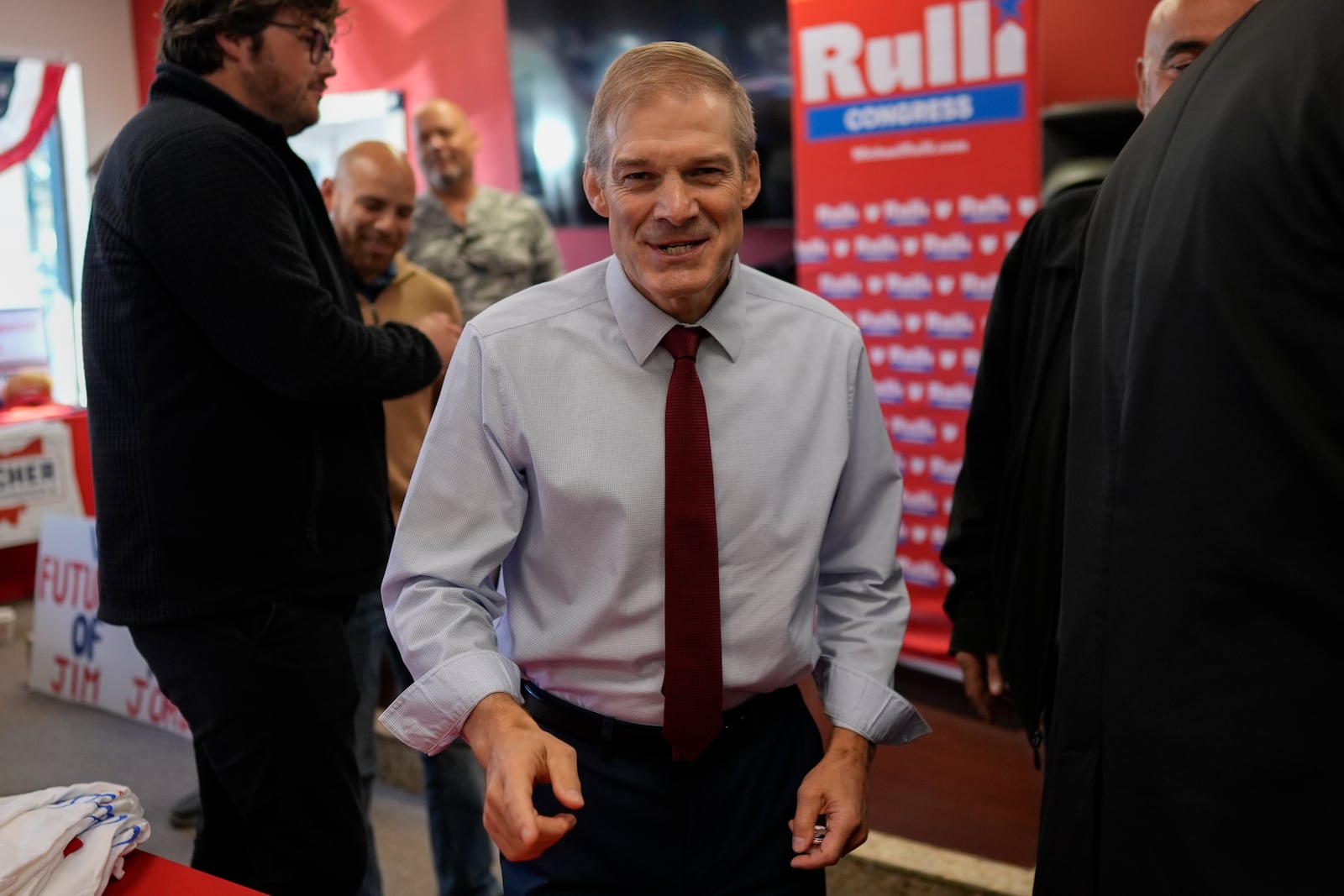 Rep. Jim Jordan, R-Ohio, greets supporters after speaking at a rally for Rep. Michael Rulli, R-Ohio, at the Mahoning County Republican Party headquarters in Boardman, Ohio, Thursday, Oct. 17, 2024. (AP Photo/Carolyn Kaster)