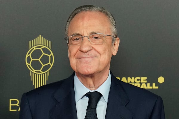 FILE - Real Madrid president Florentino Perez poses for a picture prior the 66th Ballon d'Or ceremony at Theatre du Chatelet in Paris, France, Monday, Oct. 17, 2022. (AP Photo/Francois Mori, File)