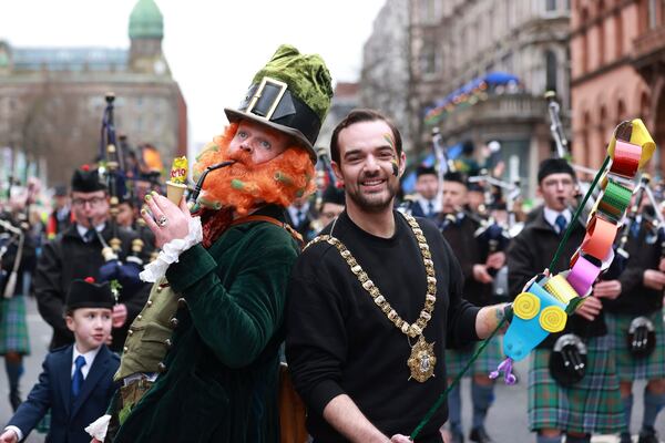 Lord Mayor of Belfast Micky Murray takes part in the St Patrick's Day Parade in Belfast, Monday, March 17, 2025. (Liam McBurney/PA via AP)