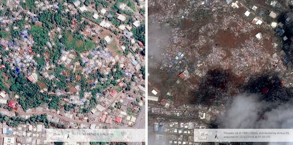 This undated satellite photo provided on Wednesday Dec. 18, 2024 by the Institut Geographique National (IGN), left, and the Centre National d'Etudes Spatiales (CNES) shows Doujani, before, left, and after the cyclone Chido in the Indian Ocean French territory of Mayotte. (IGN/CNES distributed by Airbus DS via AP)