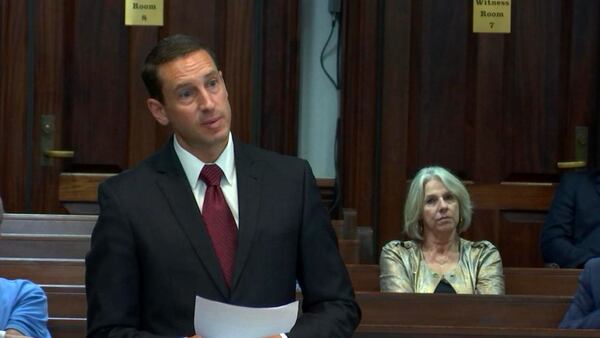 Prosecutor Jesse Evans files a motion asking to limit the testimony of a Cobb detective about to be called by the defense, during the murder trial of Justin Ross Harris at the Glynn County Courthouse in Brunswick, Ga., on Friday, Oct. 28, 2016. (screen capture via WSB-TV)