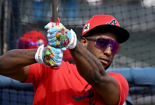 Atlanta Braves outfielder Jurickson Profar practices his swing before taking batting practice during spring training workouts at CoolToday Park, Saturday, February 15, 2025, North Port, Florida. (Hyosub Shin / AJC)