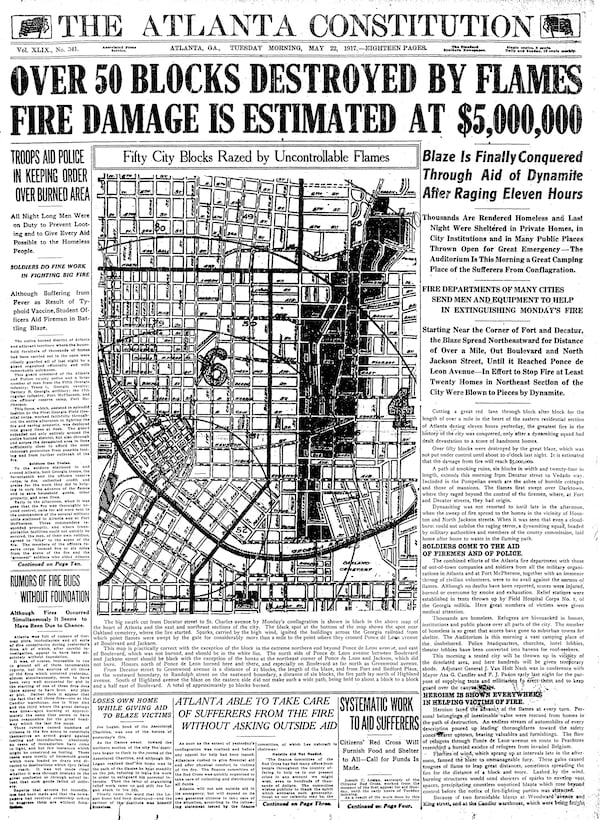 The Thursday, May 22, 1917 edition of The Atlanta Constitution reports on what became known as The Great Atlanta Fire of 1917. (AJC Archive)