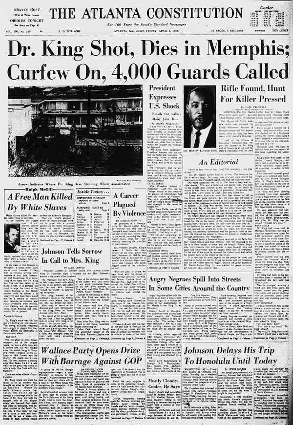 The front page of The Atlanta Constitution on April 5, 1968.