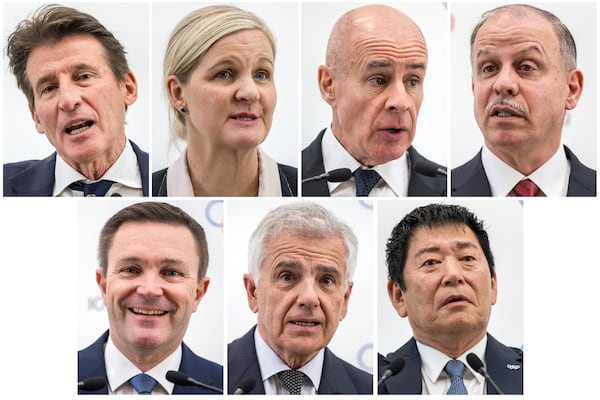 FILE - This combo of Jan. 30, 2025, file photos, shows the seven candidates in the International Olympic Committee presidential election, from top row from left, Sebastian Coe, Kirsty Coventry, Johan Eliasch, and Prince Feisal al Hussein, bottom row from left, David Lappartient, Juan Antonio Samaranch and Morinari Watanabe. (Fabrice Coffrini/Pool Photo via AP, File)