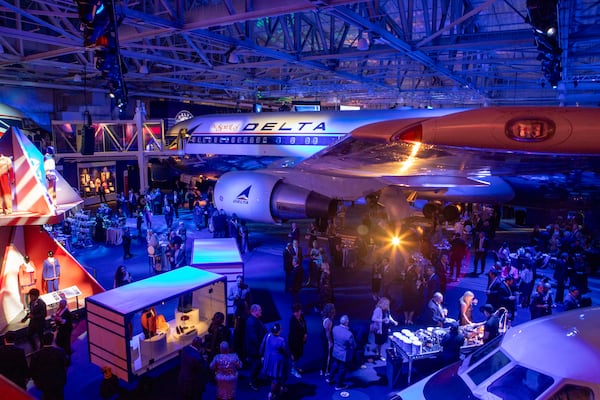 Delta Air Lines celebrates its 100-year anniversary on Saturday, March 15, 2025, with a centennial gala at the Delta Flight Museum. (Jenni Girtman for The Atlanta Journal-Constitution)