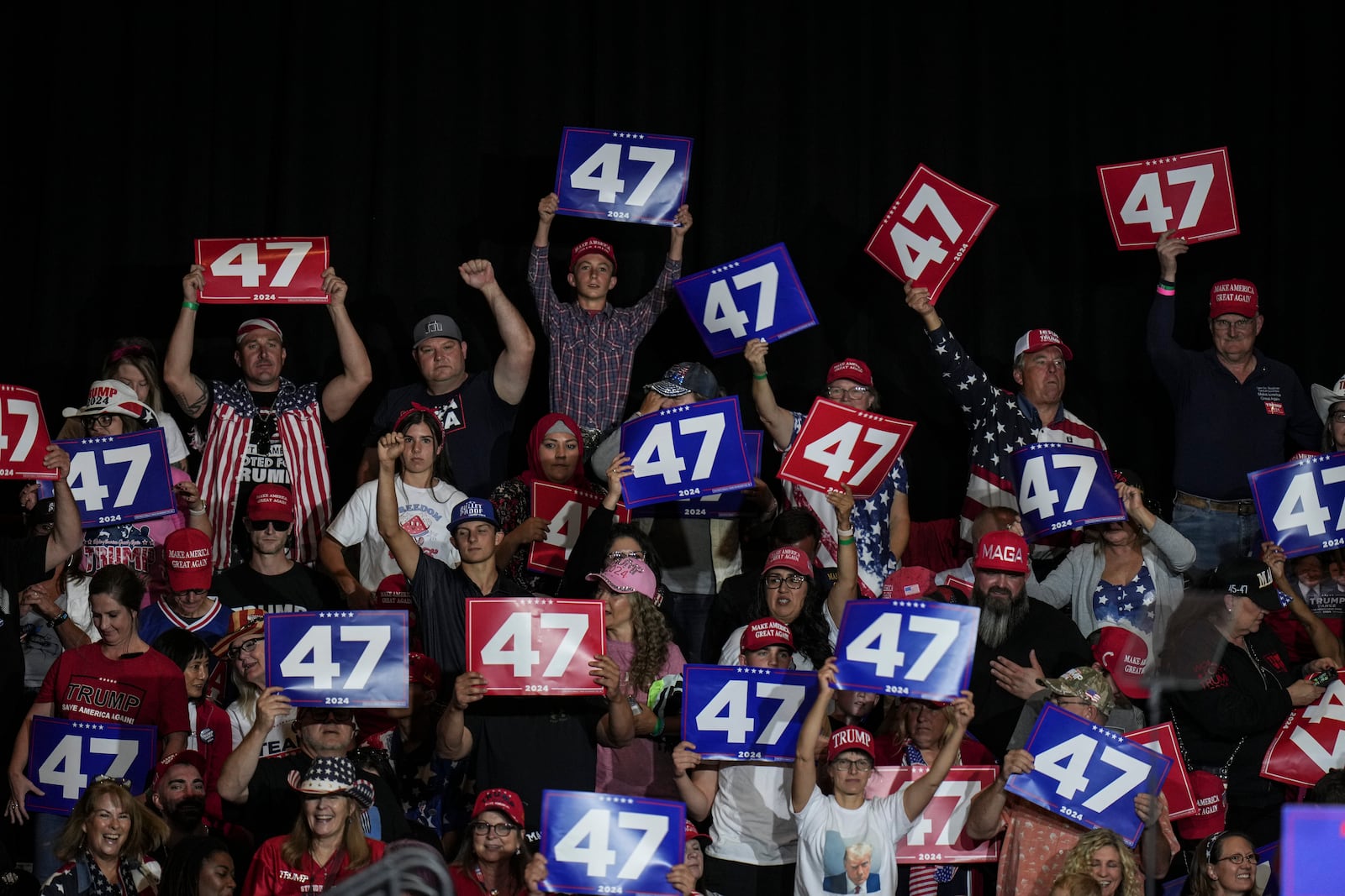 Supporters hold up signs during a campaign rally with Republican presidential nominee former President Donald Trump at Grand Sierra Resort and Casino in Reno, Nev., Friday, Oct. 11, 2024. (AP Photo/Jae C. Hong)