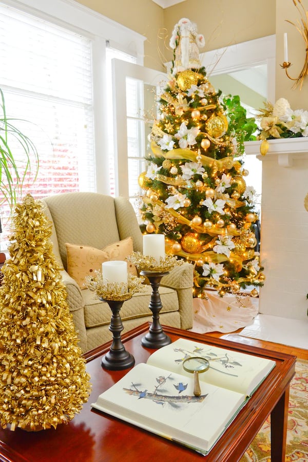 On the Chippendale coffee table sits a handmade gold ribbon Christmas tree made by homeowner Joey Kendrick’s mom, and a coffee table book of Audubon prints. The book is a nod to Charleston, where Kendrick and his husband, Bill Gandee, purchased some of the Audubon prints they’ve displayed in their traditional Atlanta bungalow. Text by Lori Johnston and Shannon Adams/Fast Copy News Service. (Christopher Oquendo Photography/www.ophoto)