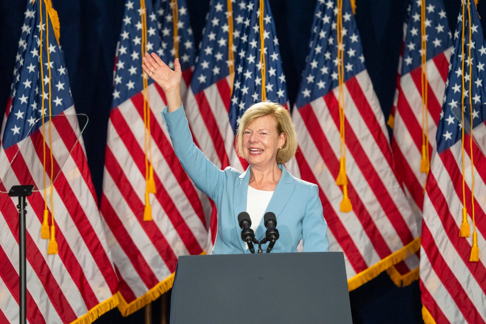 FILE - Sen. Tammy Baldwin, D-Wis.,speaks during a campaign event for Vice President Kamala Harris at West Allis Central High School, July 23, 2024, in West Allis, Wis. (AP Photo/Kayla Wolf, File)