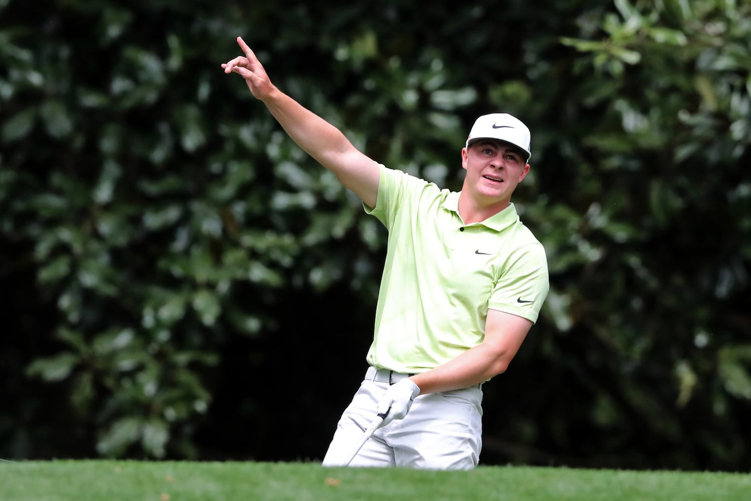 April 8, 2021, Augusta: Charles Osborne reacts to his tee shot on the eleventh hole during the first round of the Masters at Augusta National Golf Club on Thursday, April 8, 2021, in Augusta. Curtis Compton/ccompton@ajc.com