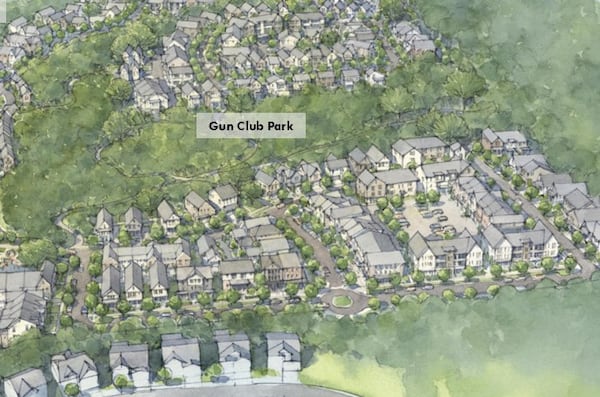 An artist’s illustrated rendering depicts housing typologies at Gun Club Park. (Atlanta Urban Development Corp.)