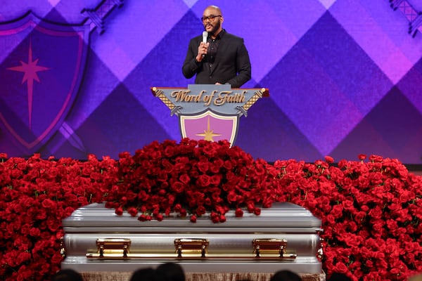 Filmmaker Tyler Perry gives remarks during the funeral service for R&B singer Angie Stone at Word of Faith Cathedral in Austell on Friday, March 14, 2025. (Natrice Miller/ AJC)