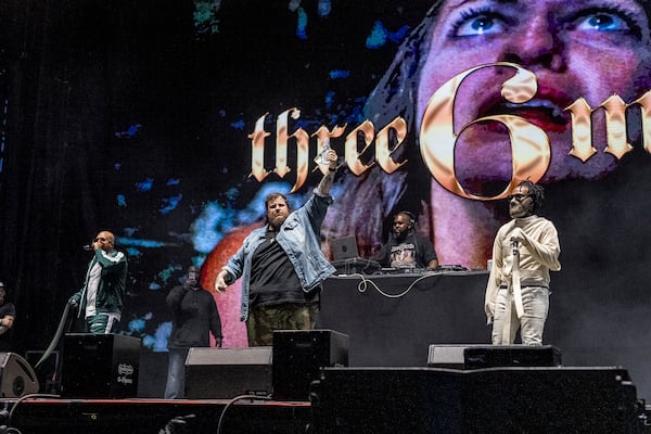 Jelly Roll performs with DJ Paul(left) and Juicy J (right) of Three 6 Mafia during the 2023 Bonnaroo Music and Arts Festival on Friday, June 16, 2023, in Manchester, Tennessee. (Photo by Amy Harris/Invision/AP)