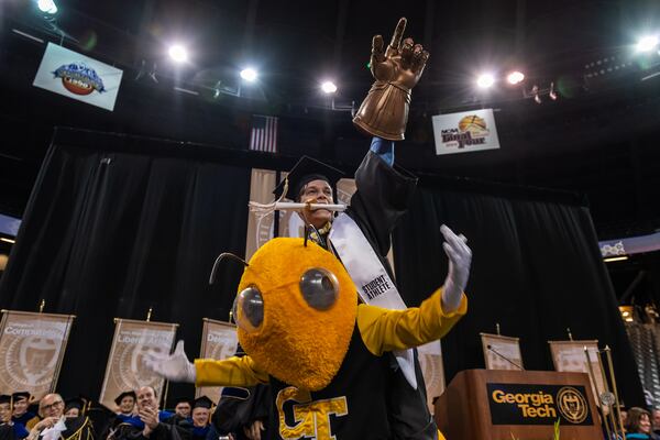 Kyle Hosford (aboard Buzz) graduated from Georgia Tech Saturday, May 4, 2019 at McCamish Pavilion. It ended Hosford's six-year tenure as Buzz, believed to be the longest in school history. (Danny Karnik/Georgia Tech Athletics)