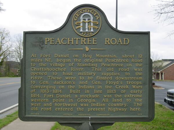 A historical marker commemorating the spot where the original Peachtree Road entered present day Buford Highway in Duluth. (Credit: Georgia Department of Community Affairs)