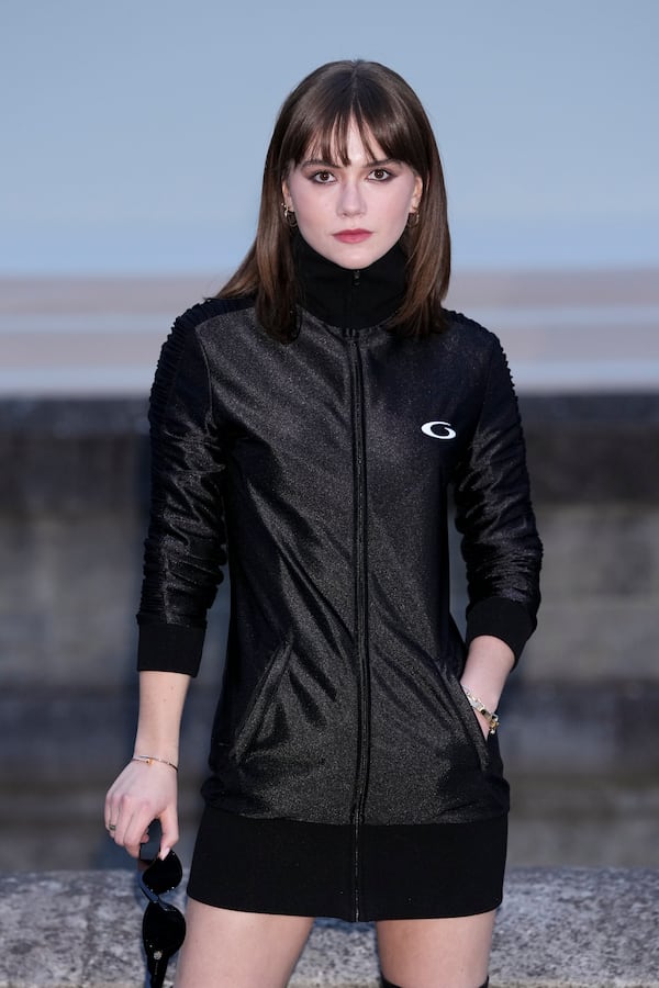 Emilia Jones upon arrival at the Balenciaga Fall/Winter 2025-2026 Womenswear collection presented in Paris, Sunday, March 9, 2025. (Photo by Scott A Garfitt/Invision/AP)