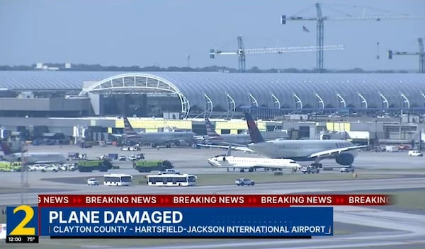 Two Delta planes were damaged when the wingtip of one hit the tail of another at Hartsfield-Jackson International Airport. (Courtesy of WSB)