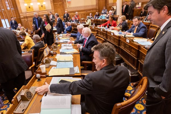 State senators vote on a resolution proposing an amendment to the Georgia Constitution to allow sports betting in the state, at the Senate in the Capitol in Atlanta on Tuesday, February 27, 2024. The resolution passed. (Arvin Temkar / arvin.temkar@ajc.com)