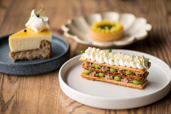 Momo Cafe Matcha Strawberry Mille Feuille, Yuzu Earl Grey Cheesecake, and Matcha Lemon Tart. Photo credit- Mia Yakel