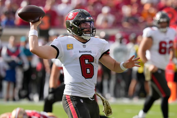 Tampa Bay Buccaneers quarterback Baker Mayfield (6) passes against the San Francisco 49ers during the second half of an NFL football game in Tampa, Fla., Sunday, Nov. 10, 2024. (AP Photo/Chris O'Meara)