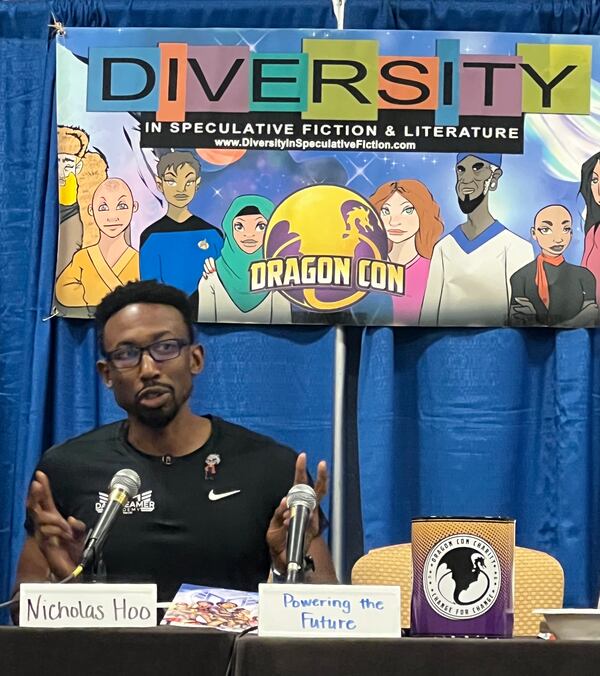 Nicholas Hoo on a 2023 Dragon Con panel about  promoting science fiction education to a new generation. Courtesy