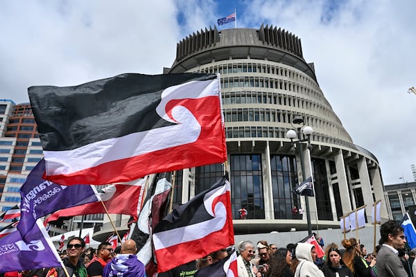 Thousands of people gather outside New Zealand's parliament to protest a proposed law that would redefine the country's founding agreement between Indigenous Māori and the British Crown, in Wellington Tuesday, Nov. 19, 2024. (AP Photo/Mark Tantrum)