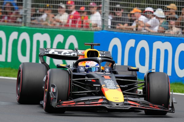 Red Bull driver Max Verstappen of the Netherlands steers his car during the third practice session at the Australian Formula One Grand Prix at Albert Park, in Melbourne, Australia, Saturday, March 15, 2025. (AP Photo/Asanka Brendon Ratnayake)