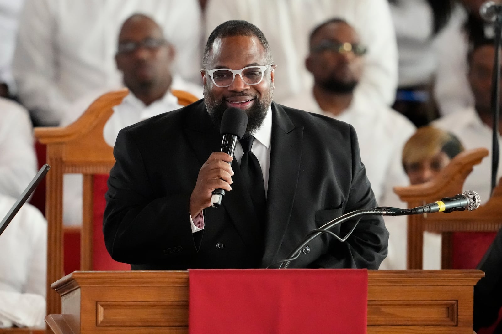 Hezekiah Walker speaks during a ceremony celebrating the life of Cissy Houston on Thursday, Oct. 17, 2024, at the New Hope Baptist Church in Newark, N.J. (Photo by Charles Sykes/Invision/AP)