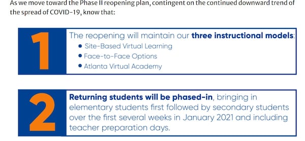 A screenshot from the Atlanta Public Schools' website take on Monday, Nov. 30, 2020, shows part of the district's proposed reopening plan.